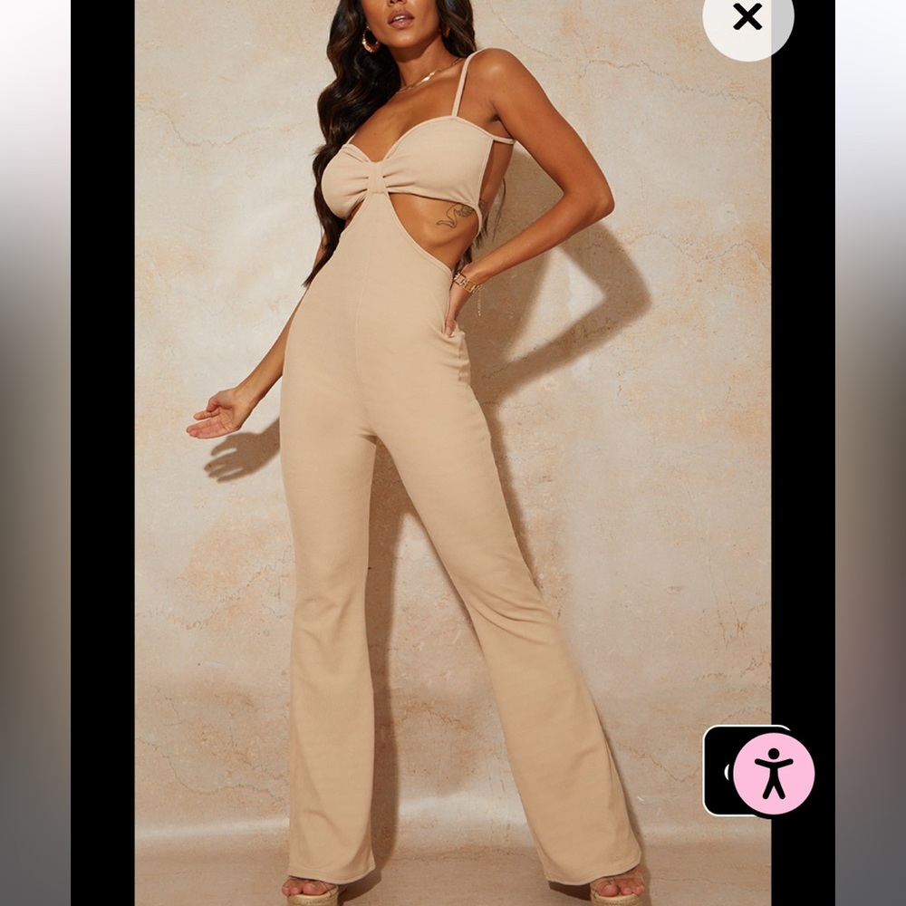 PrettyLittleThing Stone Rib Cut Out Strappy Back Jumpsuit